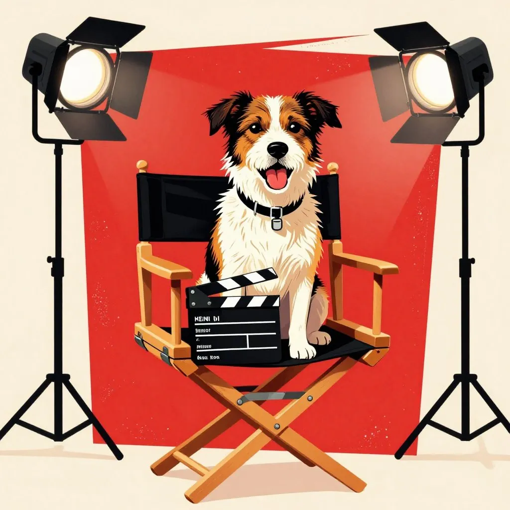 A scrappy mixed-breed dog sitting in a director's chair on a film set with a clapperboard in front of her, bright studio lighting, triumphant and comic mood