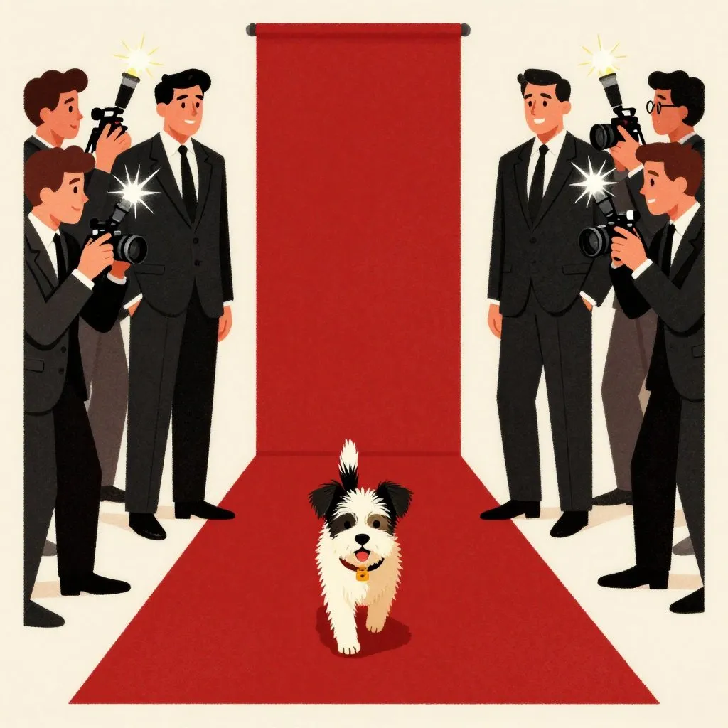 A small odd-looking dog walking a red carpet flanked by two very tall well-dressed humans, photographers crowding the edges, flashbulbs bursting