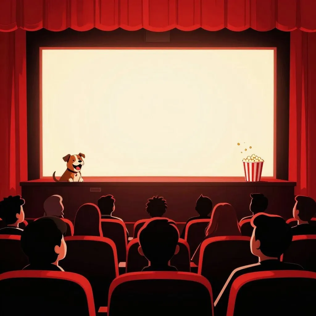 A movie theater audience laughing with a dog visible on the large glowing screen behind them, popcorn in the air, pure crowd delight