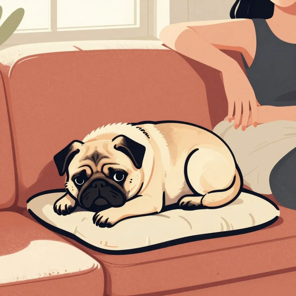 A pug-mix dog curled up on a worn couch cushion beside a woman's hand resting near her, quiet and content, afternoon light through a window