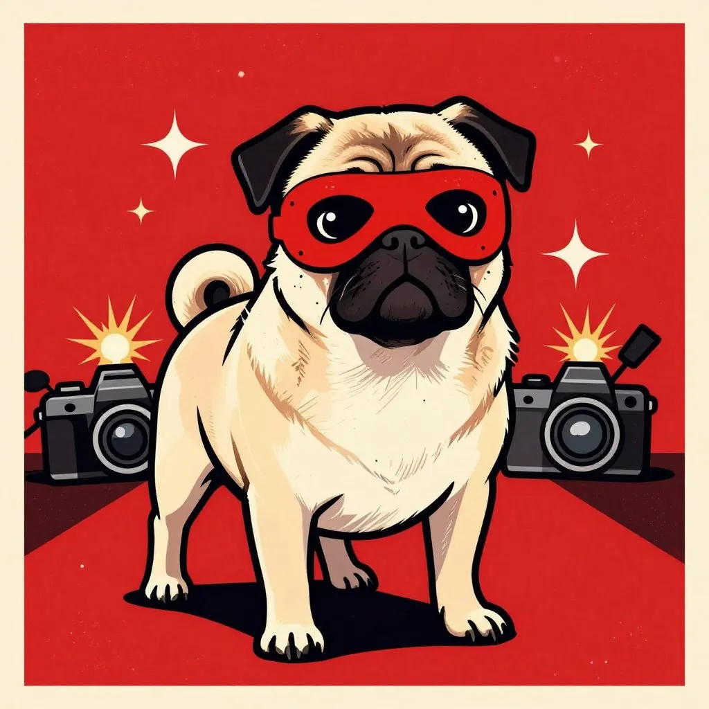 A scruffy pug-mix dog wearing a tiny red superhero mask, standing confidently on a red carpet with camera flashes bursting behind her