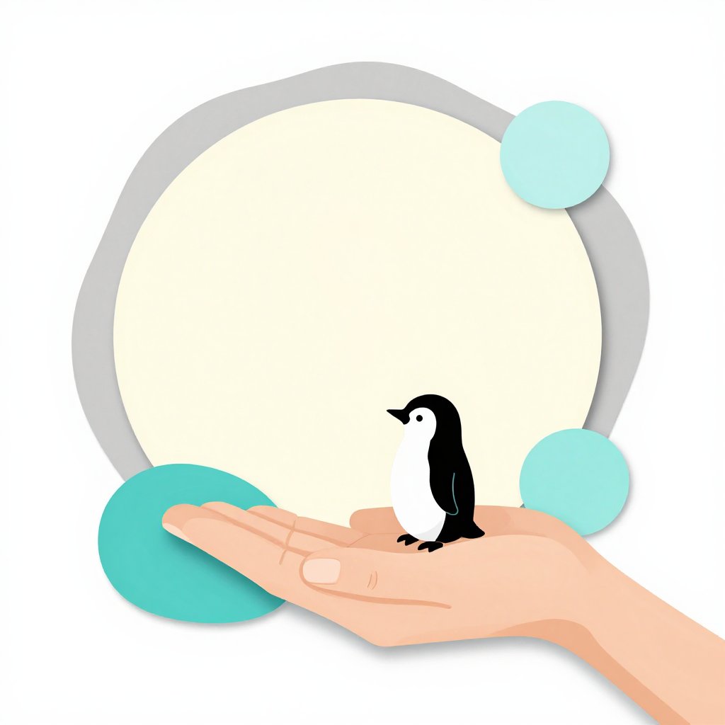 A tiny penguin chick sitting in the palm of a human hand against an enormous white background