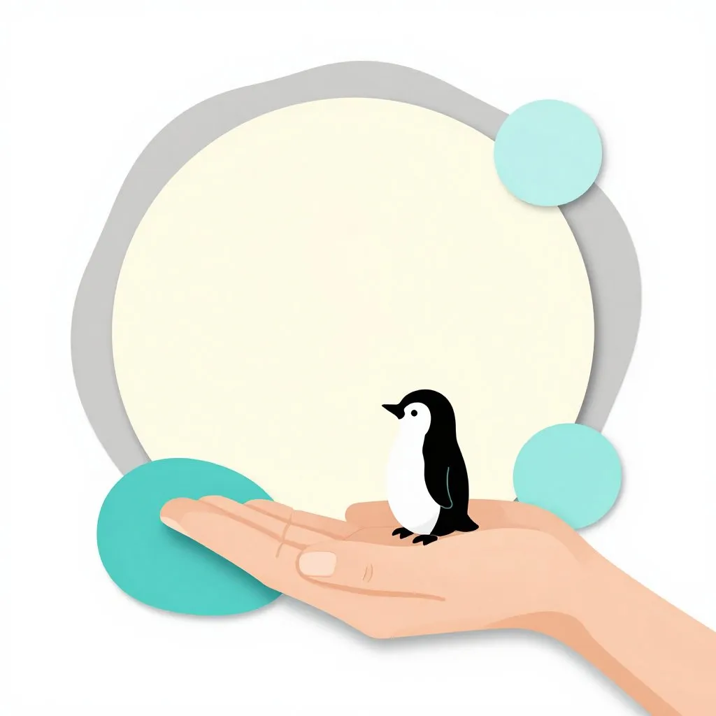 A tiny penguin chick sitting in the palm of a human hand against an enormous white background