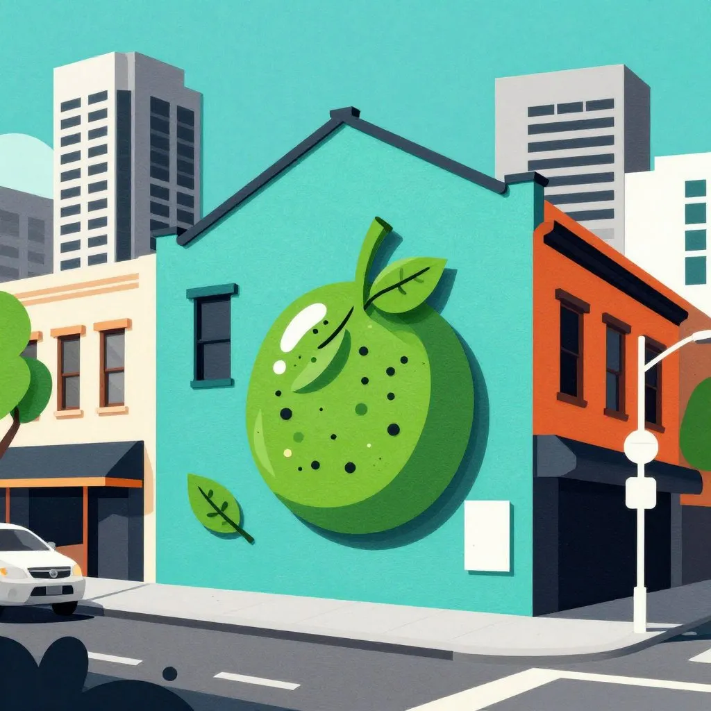 A colorful street mural of Pesto on a Melbourne building wall, city scene, vibrant and celebratory