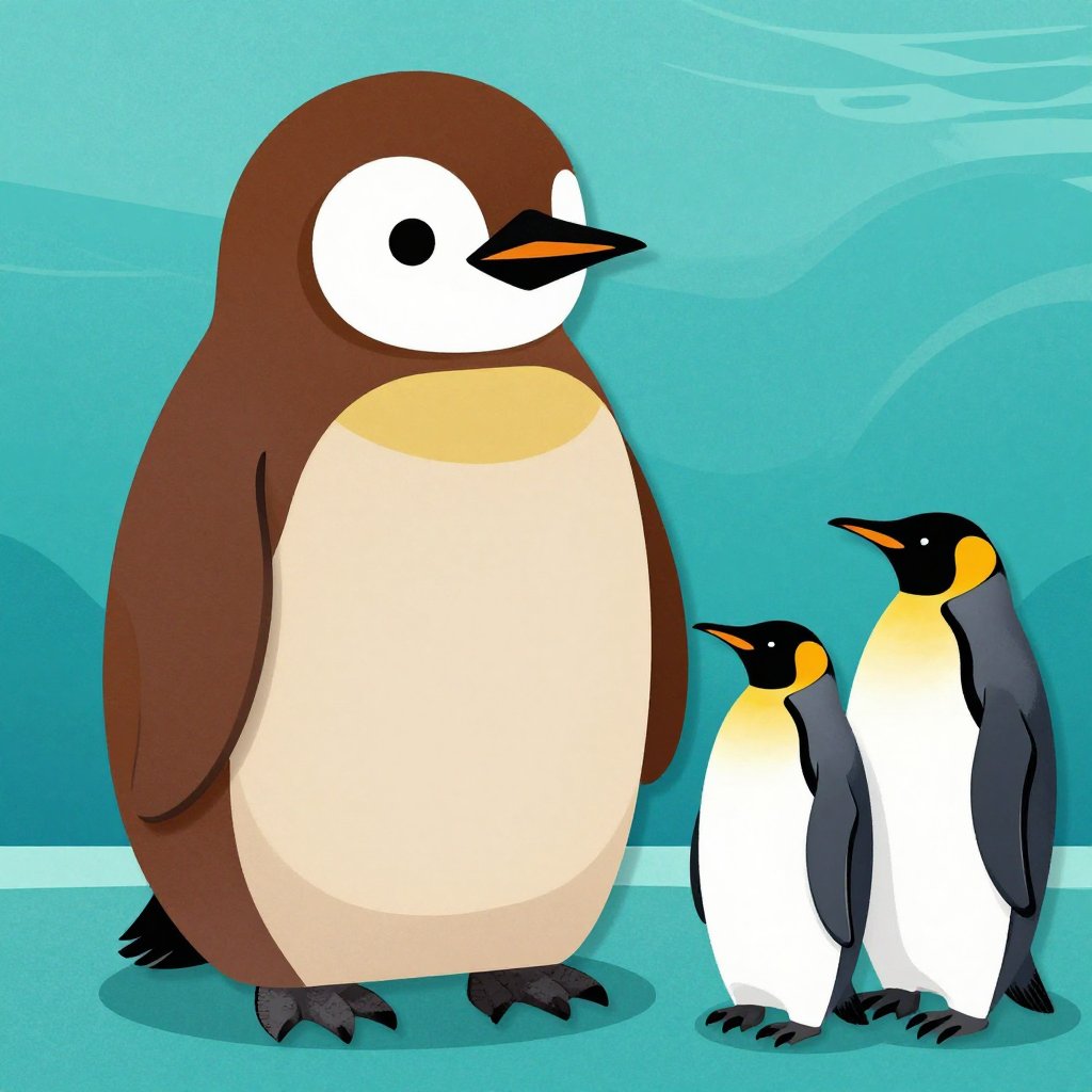 Pesto the giant fluffy penguin chick standing next to two much smaller adult penguins