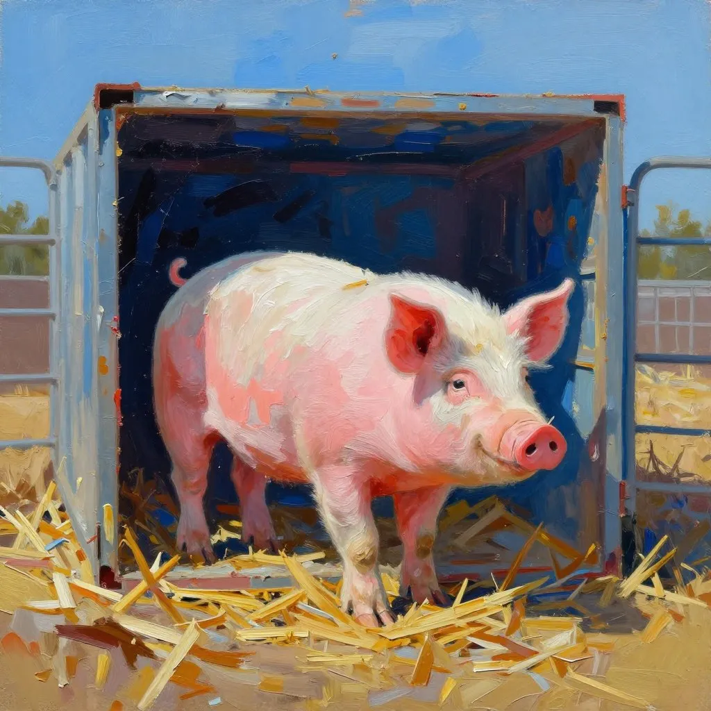 A pink pig stepping out of a transport crate into a sunny open enclosure, fresh straw on the ground, blue sky above, mood of relief and first stillness