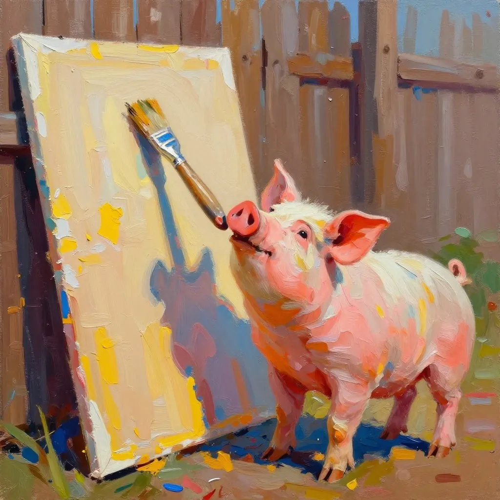 A pig lifting a thick paintbrush toward a blank canvas propped against a wooden fence, afternoon sun casting warm shadows, curious and intent