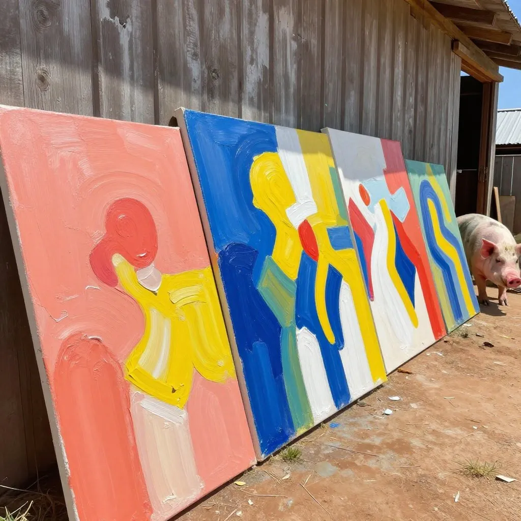 Rows of colorful canvases leaning against a barn wall in South African sunlight, the pig visible in the background mid-stroke, abundance and creative energy