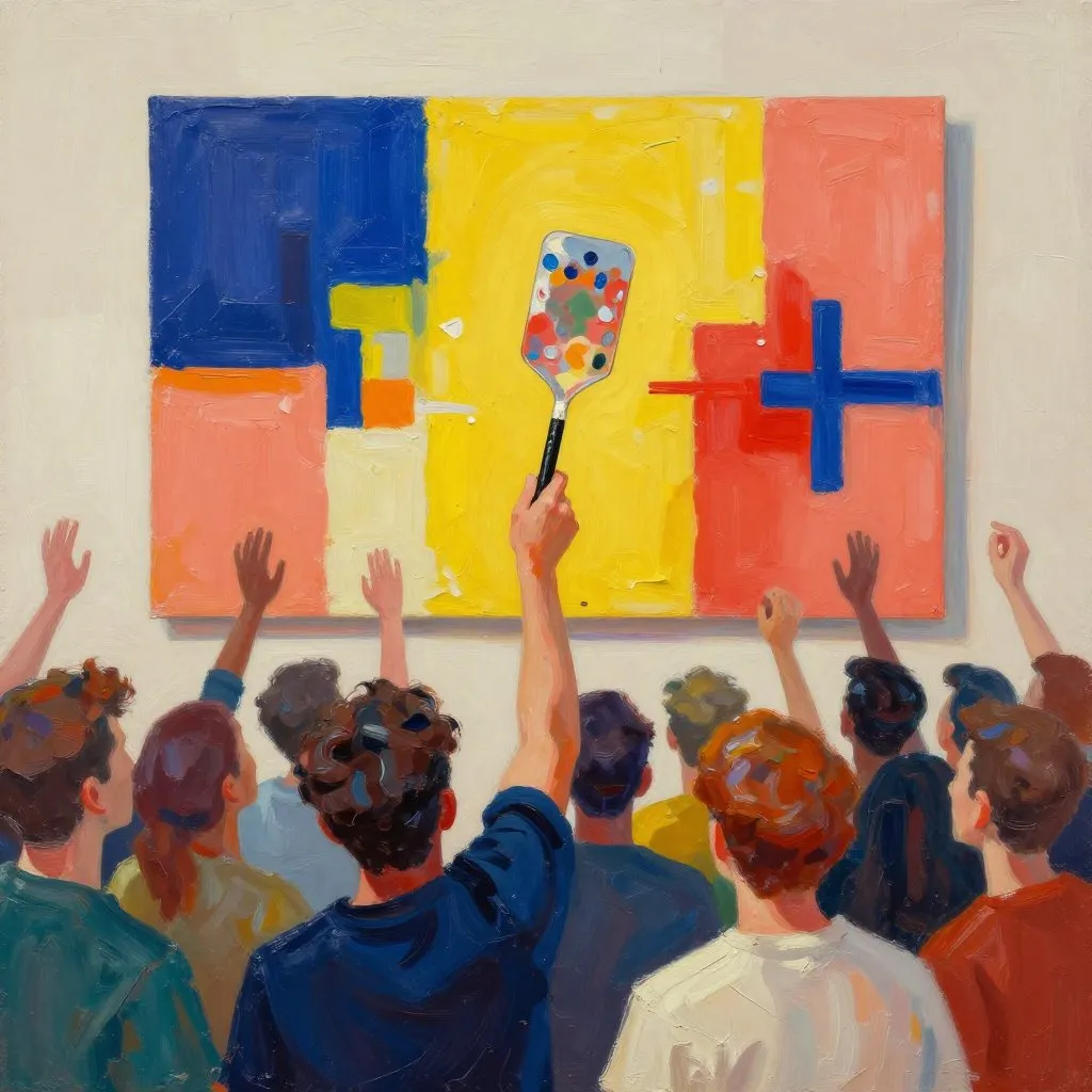 An auction paddle raised in a brightly lit room with a bold abstract canvas on the wall, energy and surprise in the crowd