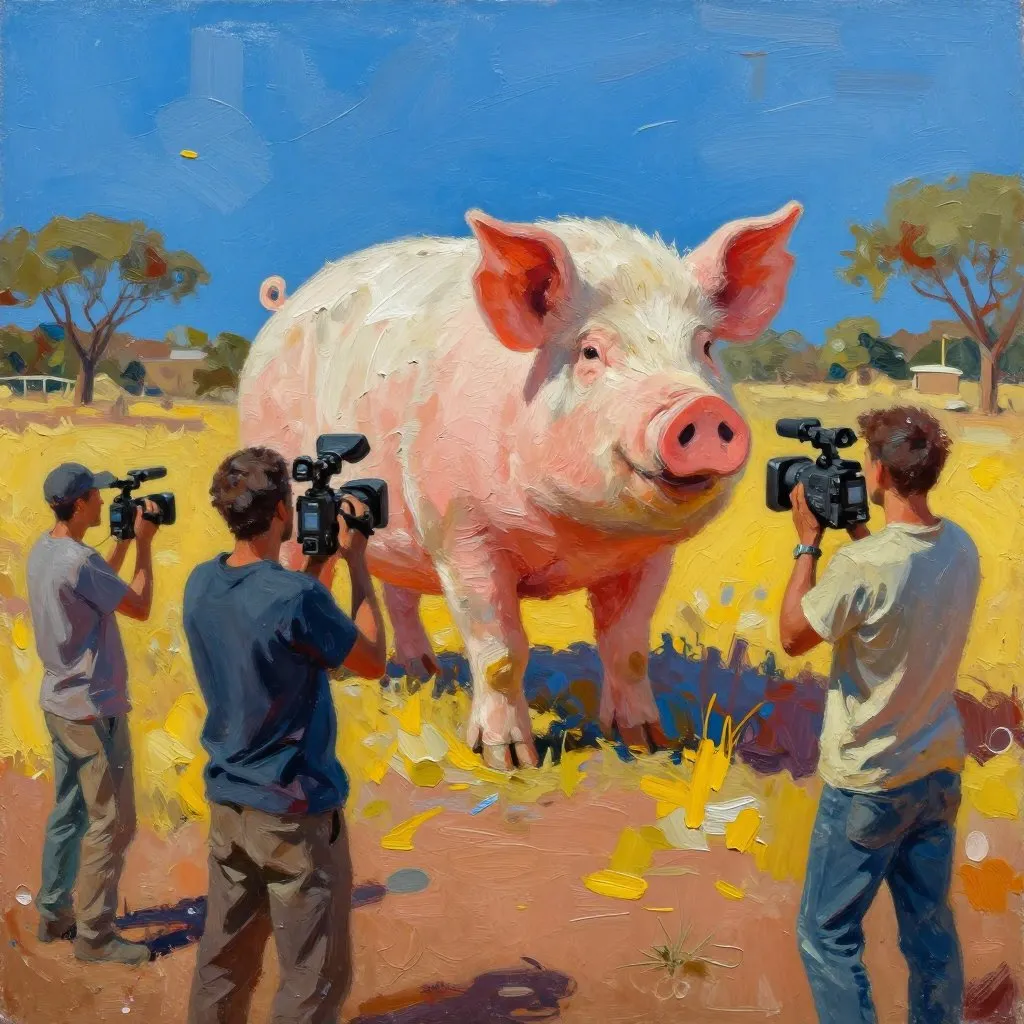 A television camera crew and journalist filming a pig painting outdoors at a South African farm sanctuary, sunlight, open sky, mood of wonder and documentary focus