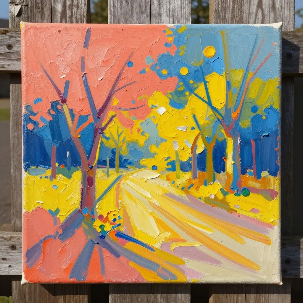 A single canvas resting against a wooden fence post in late afternoon light, the painting bright and full of life, mood of quiet legacy, long golden shadows