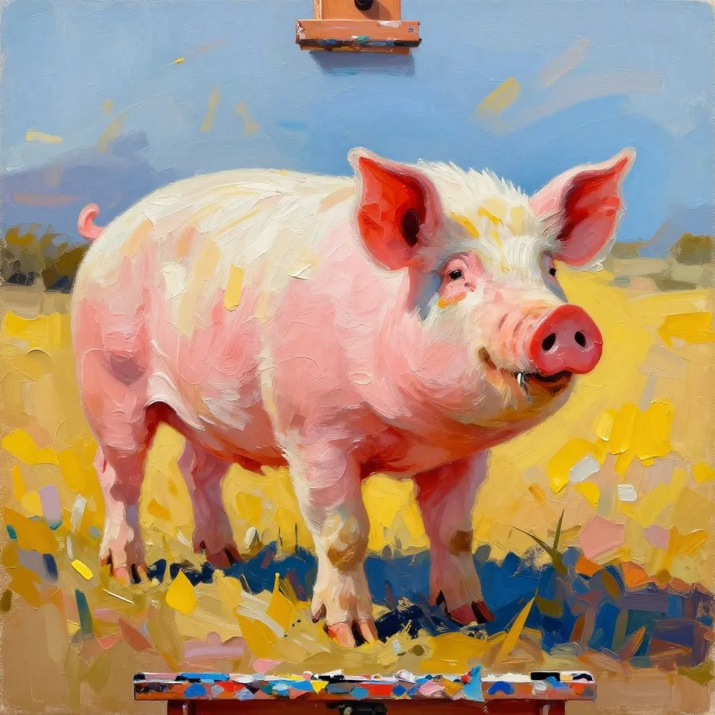 A large pink pig standing before a canvas on an easel in golden outdoor light, brush held loosely near snout, Western Cape farmland behind her, joyful and alive