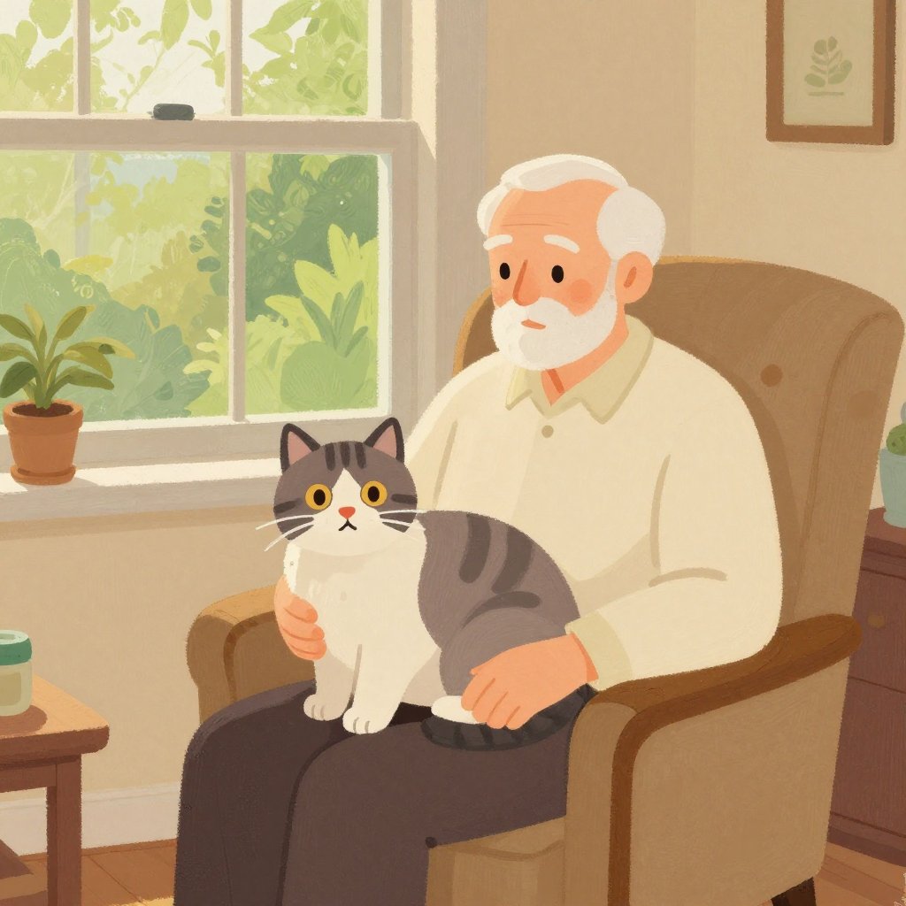 An elderly man sitting in an armchair with a large older cat on his lap, cozy retirement home interior, afternoon sun through a window