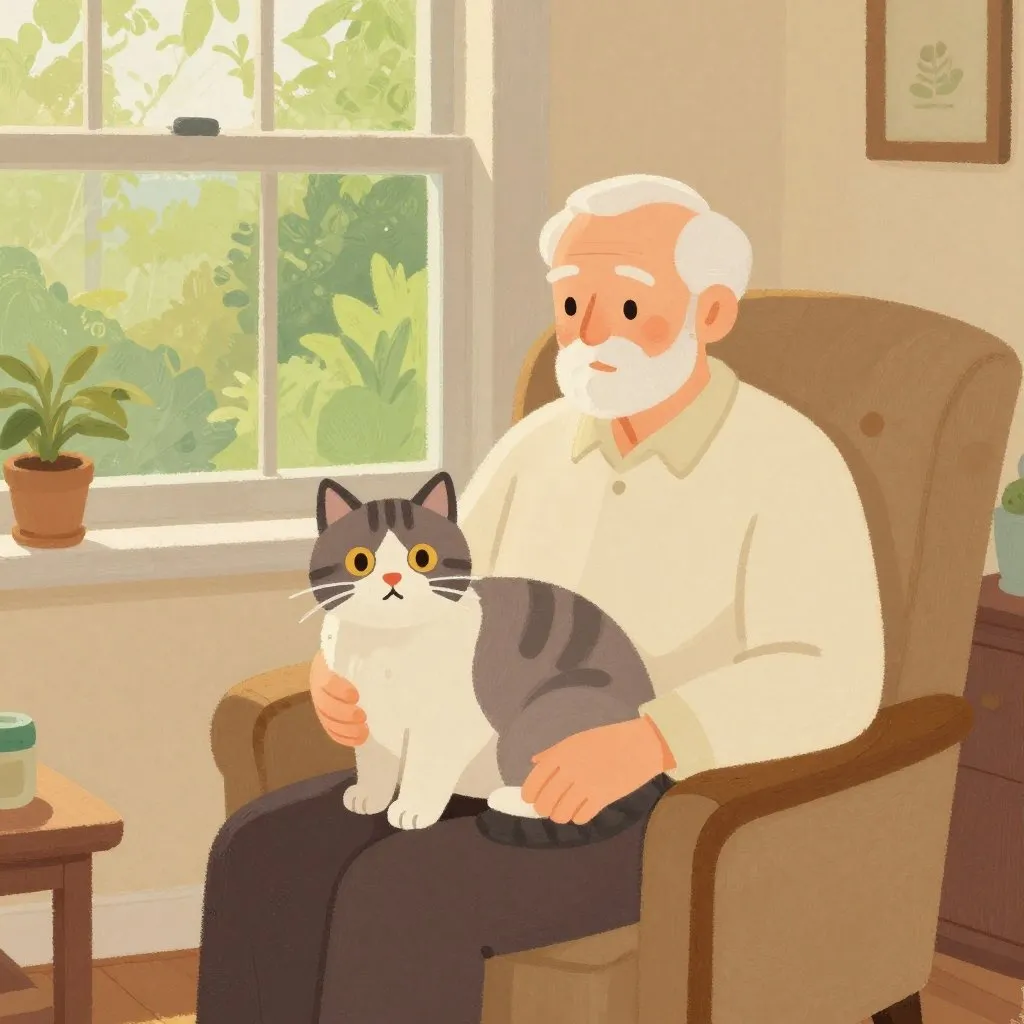 An elderly man sitting in an armchair with a large older cat on his lap, cozy retirement home interior, afternoon sun through a window
