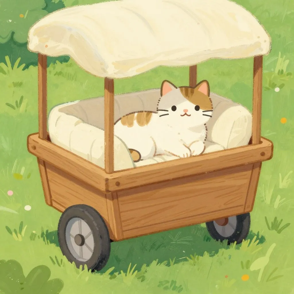 Close-up of a small wheeled cart with a comfortable cushion, a cat settled in it with a relaxed expression, viewed from slightly above