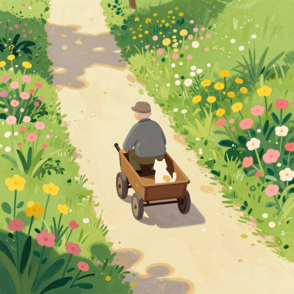 An old man and a cat in a cart moving slowly along a garden path flanked by flower beds, soft afternoon shadows, gentle and peaceful