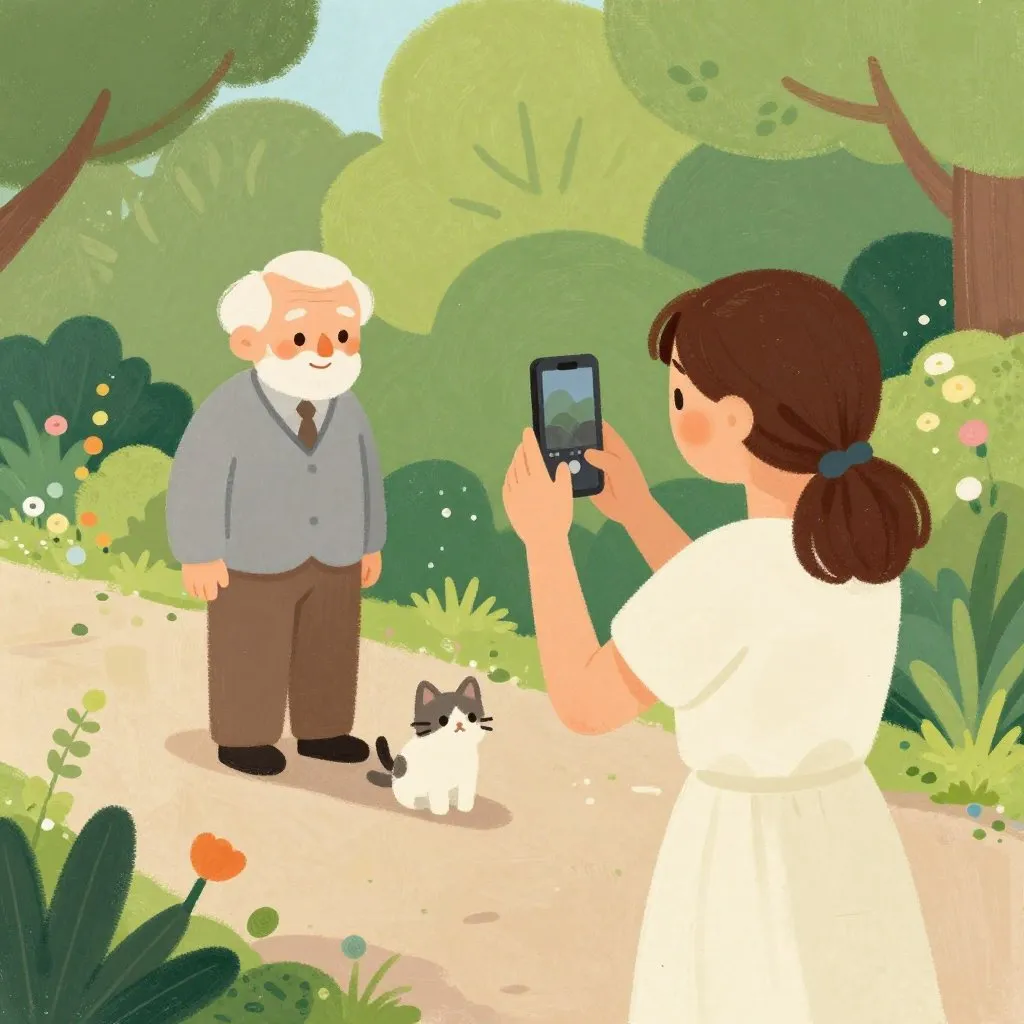 A young woman holding a phone filming an elderly man and his cat on a path, warm smile on her face, sunlit garden