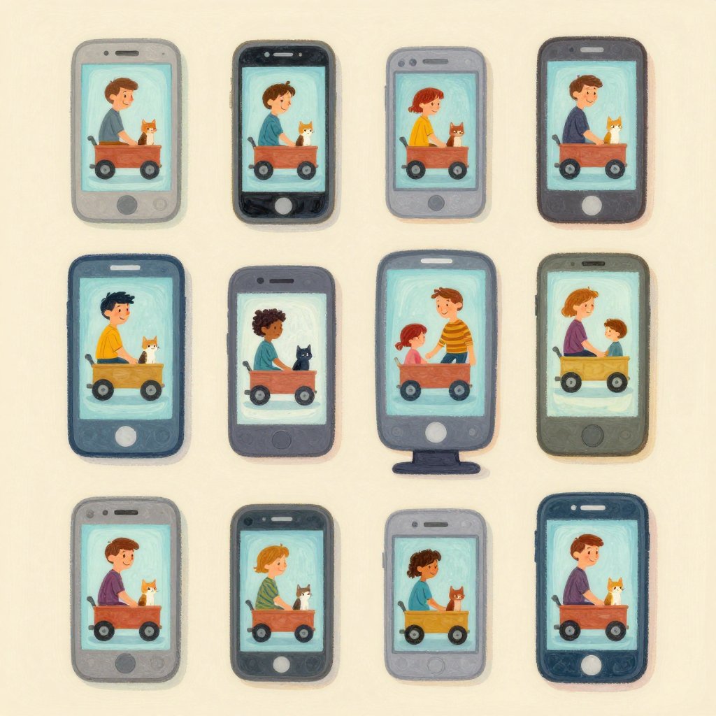 A grid of small glowing phone and computer screens all showing the same image of a man and his cat in a cart, people smiling at their screens