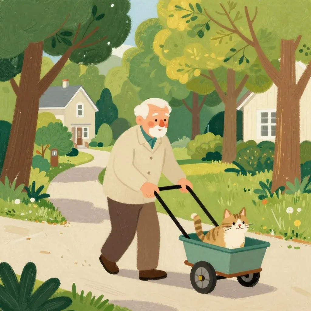An elderly man pushing a cart with a cat in it along the same familiar path, golden afternoon light, peaceful and enduring