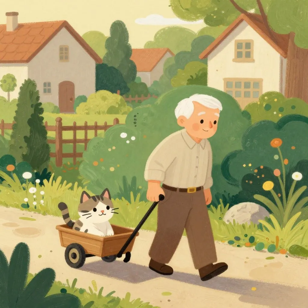 An elderly man with white hair pushing a small cart carrying a contented cat along a garden path in golden afternoon light
