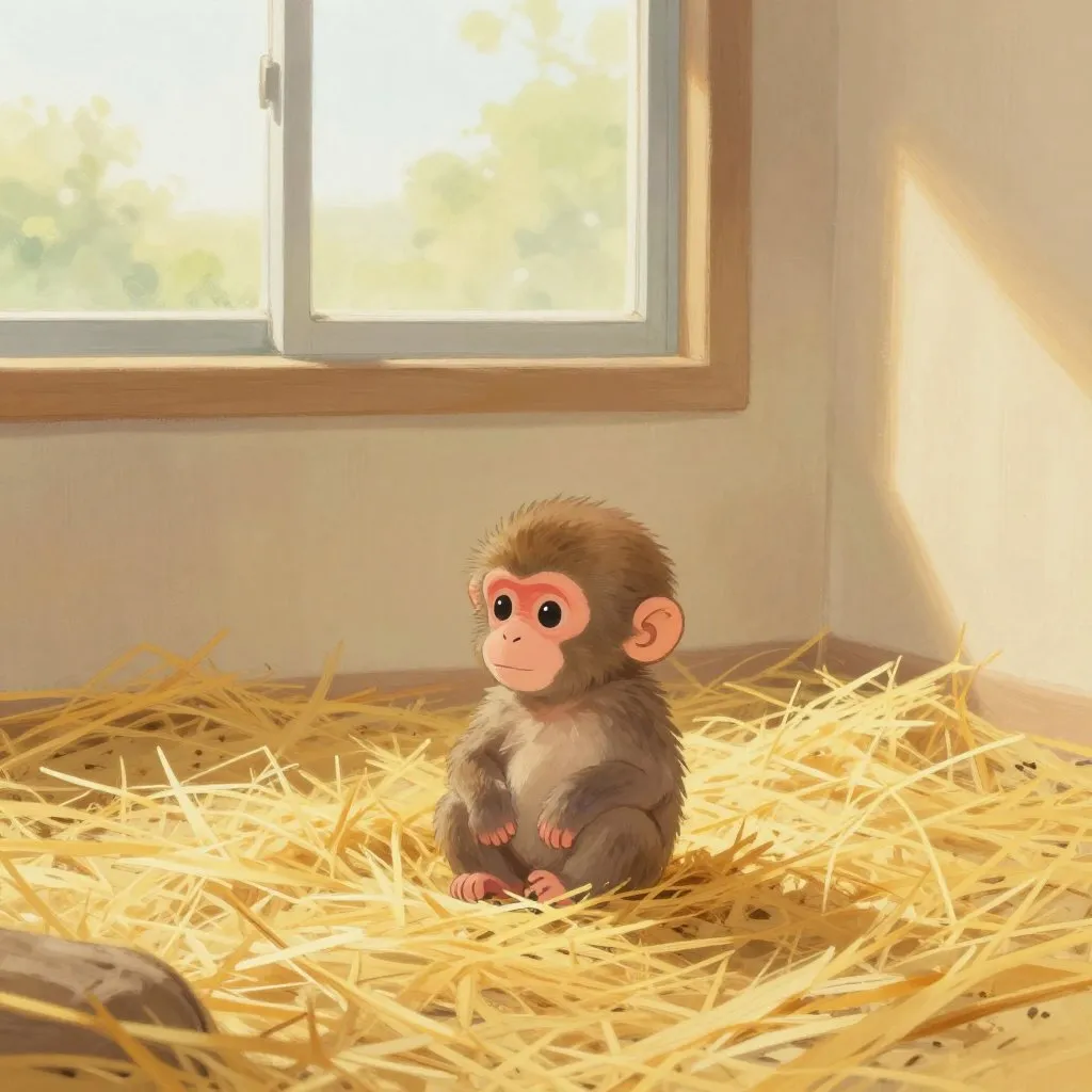 A newborn Japanese macaque curled alone on straw in a zoo enclosure, summer heat visible in the humid haze