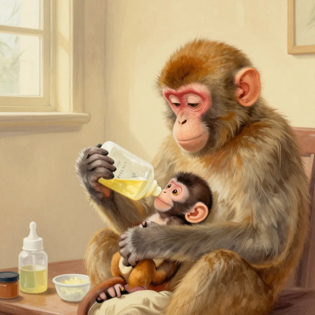 A zookeeper in a plain uniform cradling a tiny macaque infant, feeding him by bottle in a quiet keeper room, warm lamp light