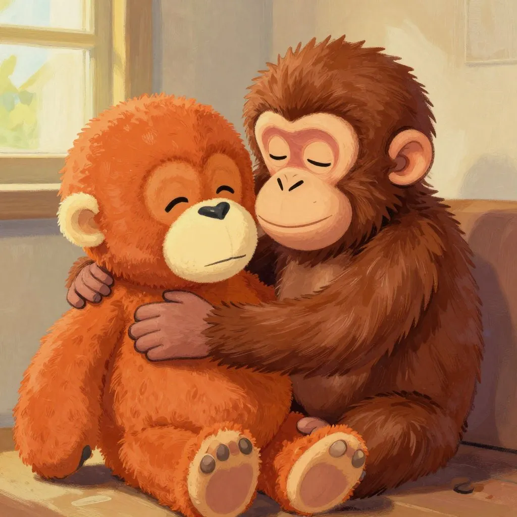A small macaque clinging to a large stuffed orangutan plushie, soft indoor light, eyes closed in contentment