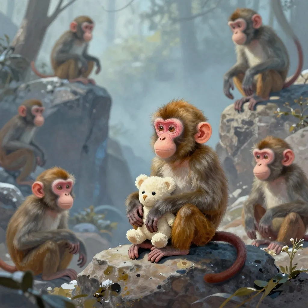 A small macaque sitting apart from a large group of monkeys on a rocky mountain enclosure, clutching a plush toy, winter light