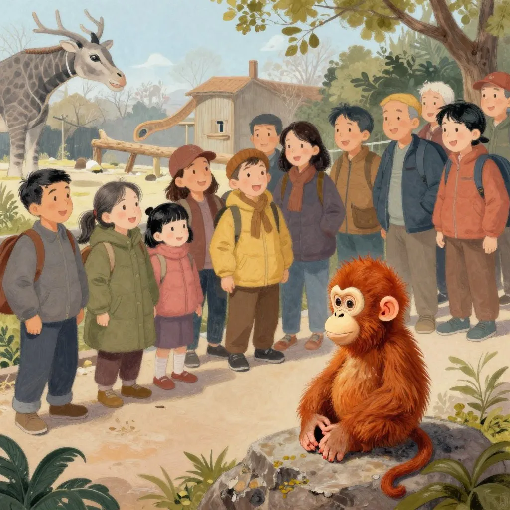 A crowd of visitors pressed against the railing of a zoo enclosure looking at a small macaque with a plush orangutan, bright winter light