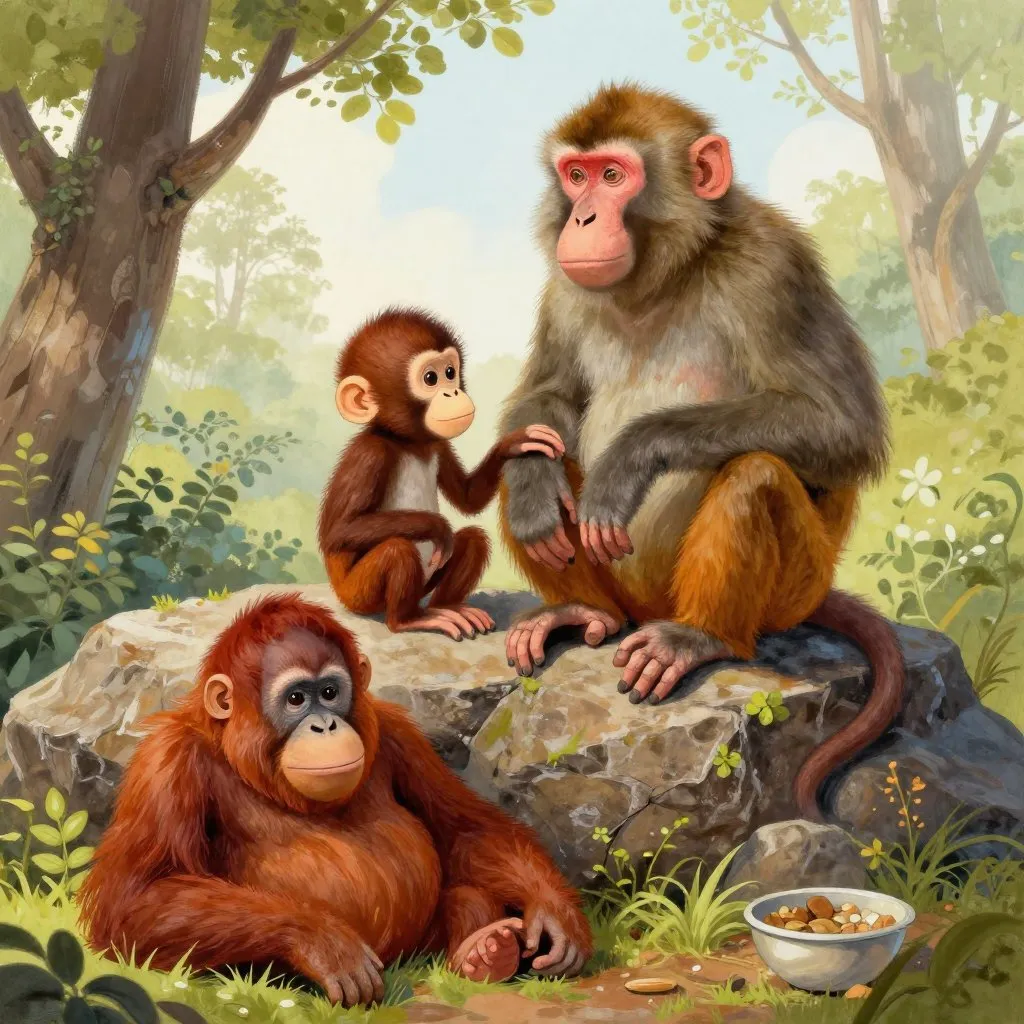 A young macaque sitting on a rocky ledge beside an adult macaque, a stuffed orangutan resting nearby but not gripped, early spring light