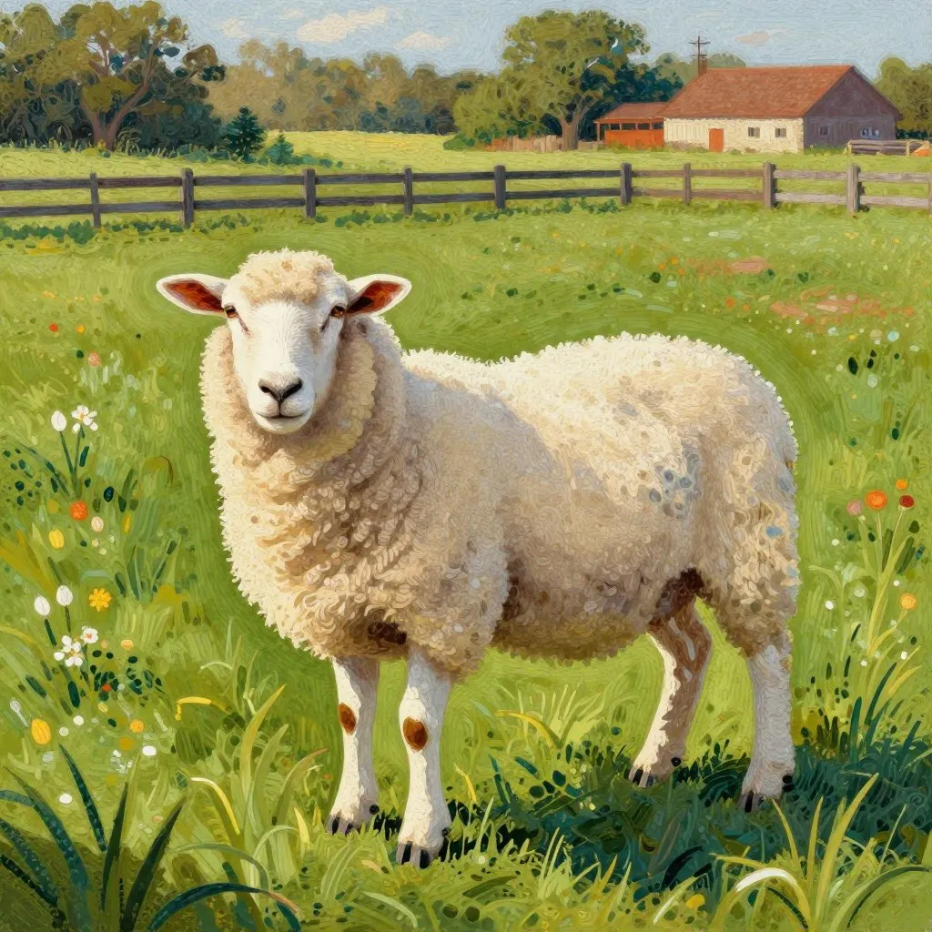 A ewe standing alone in a grassy sanctuary pasture, warm afternoon light on her wool, a wooden fence and farmhouse visible in the distance