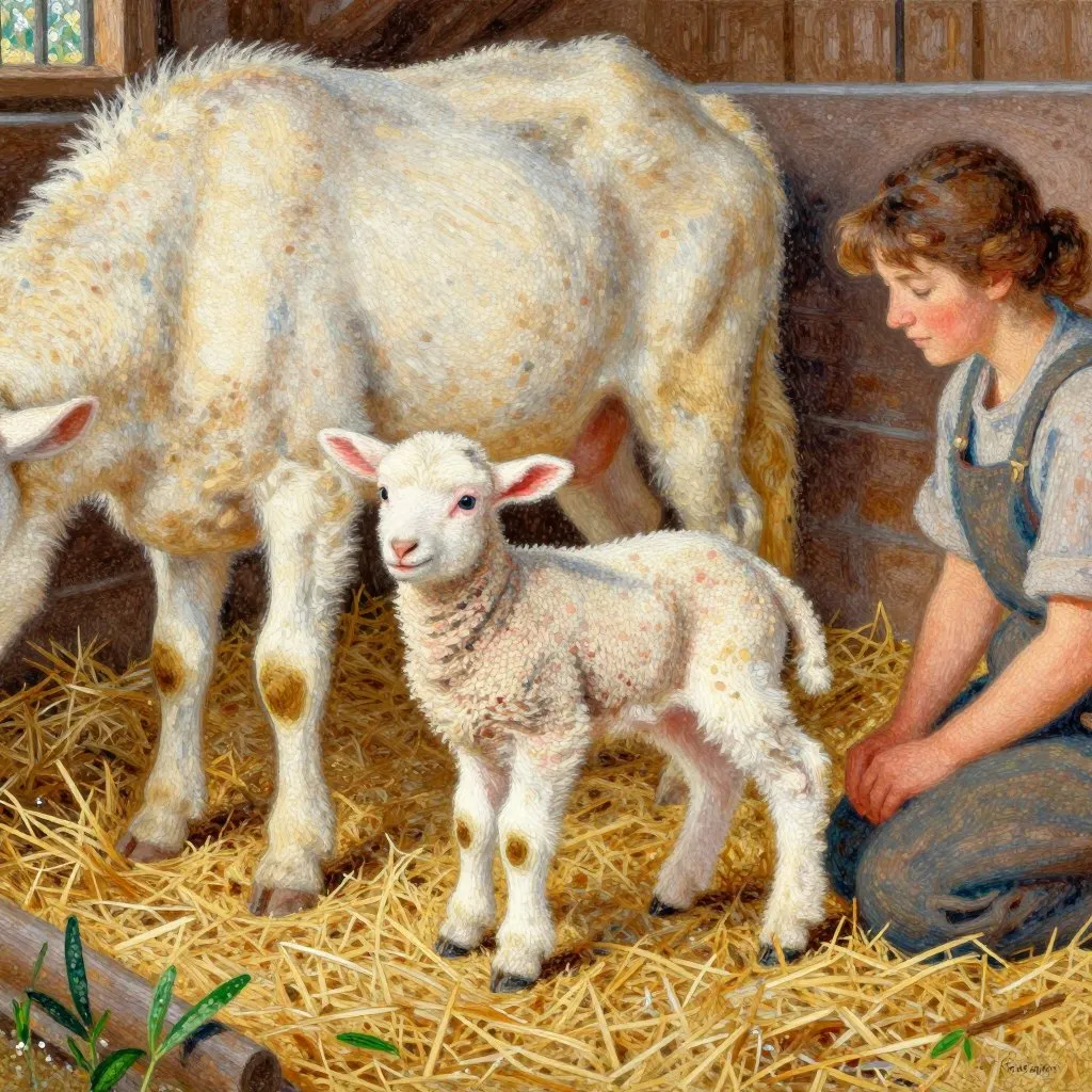 A newborn lamb standing on shaky legs next to his mother in a barn stall with soft straw bedding, a caretaker kneeling nearby, gentle and wonder-filled mood