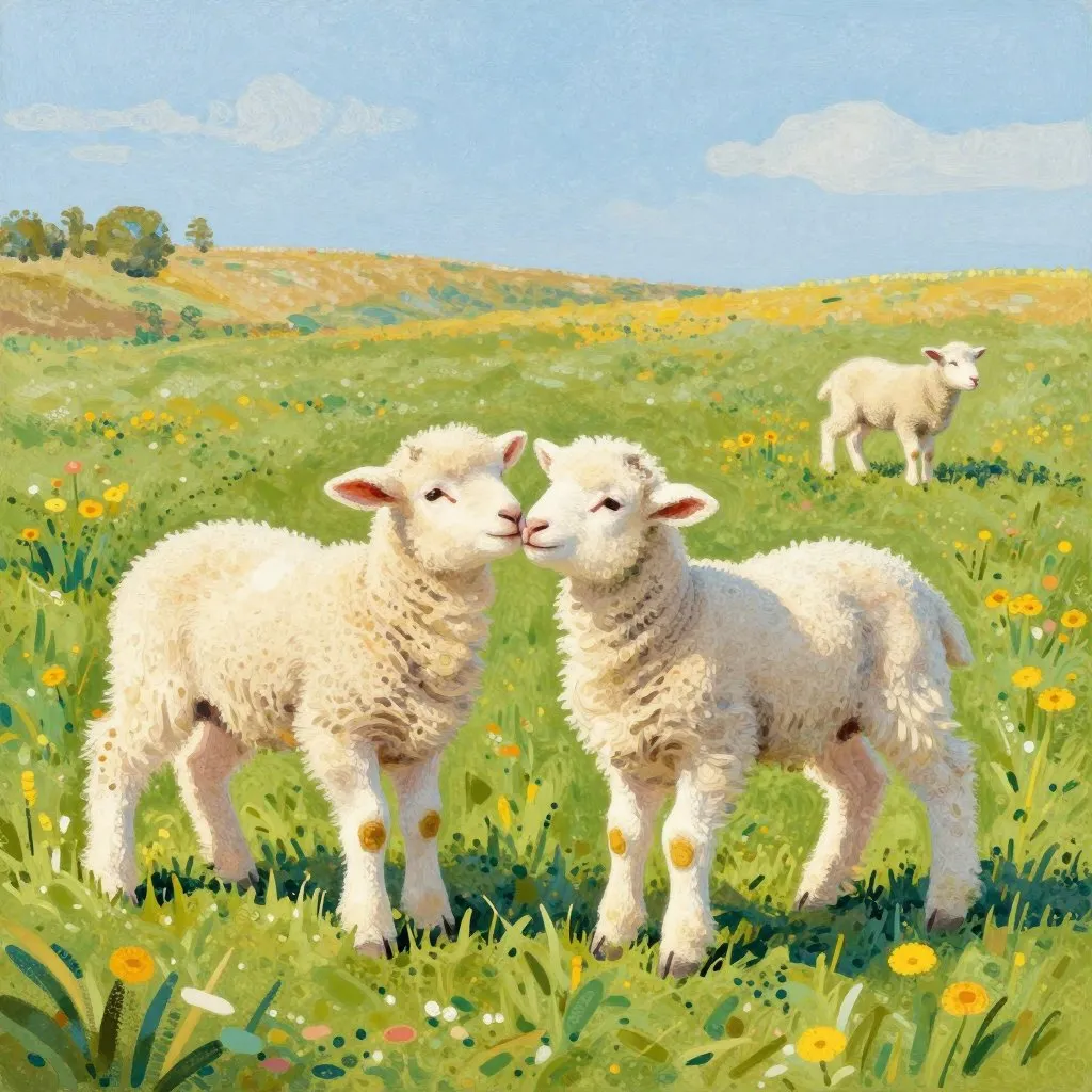 Three small lambs in a field together, two of them nuzzling, one standing apart looking at something just out of frame, bright mid-morning light