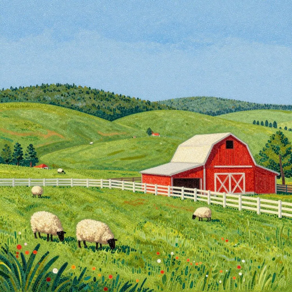A wide view of a farm sanctuary in upstate New York, rolling green hills, several sheep grazing, a red barn and white fencing, peaceful and rooted mood