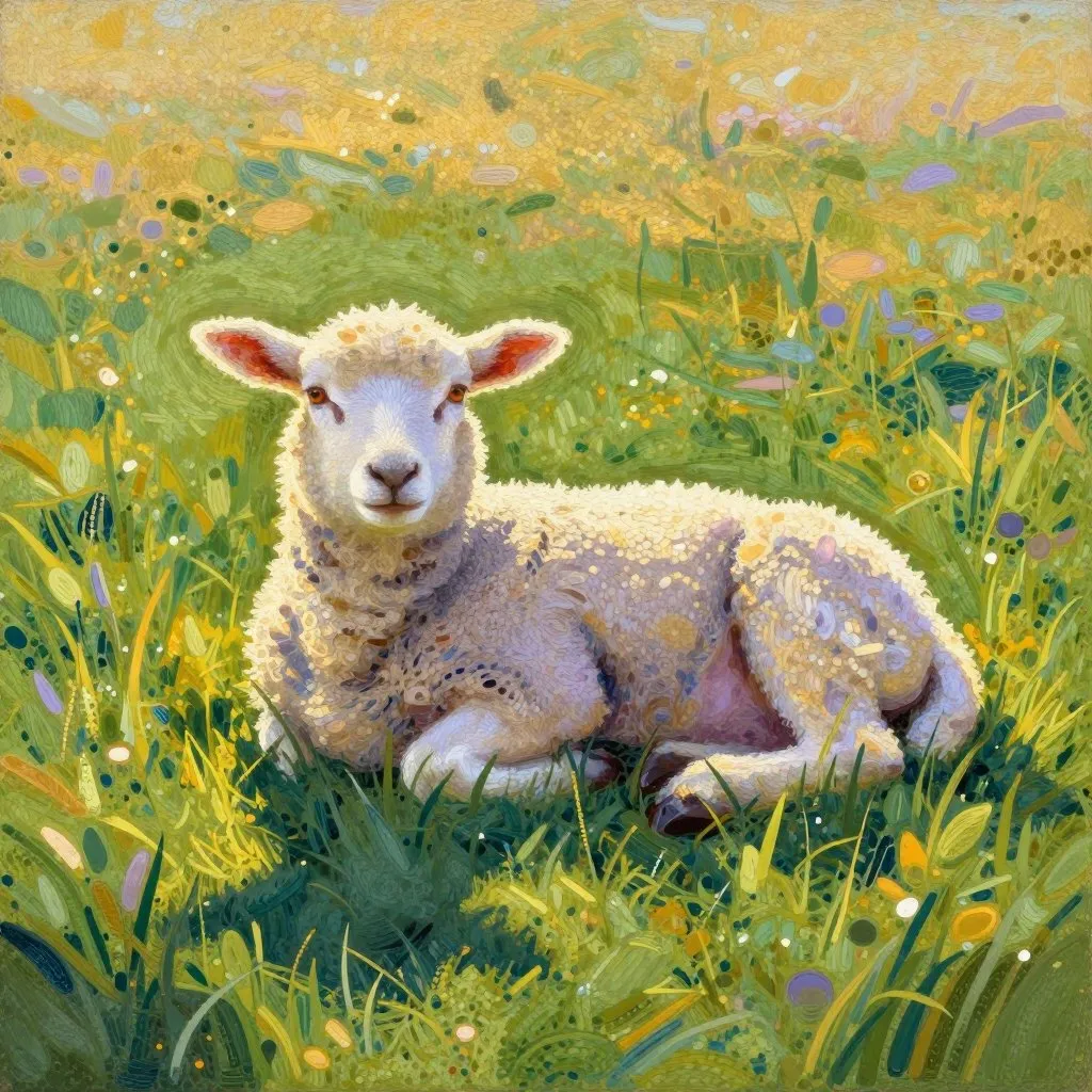 A lamb lying in spring grass at golden hour, eyes open and at ease, long warm shadows across the field, a sense of arrival and permanence