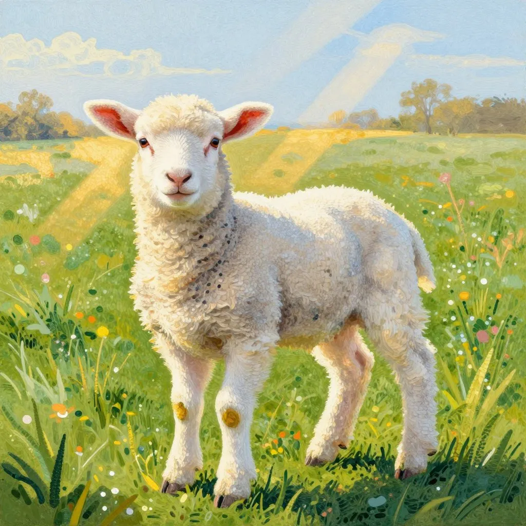 A young white lamb standing in a green spring pasture, head raised and alert, golden morning light breaking across the field behind him, bold and curious mood