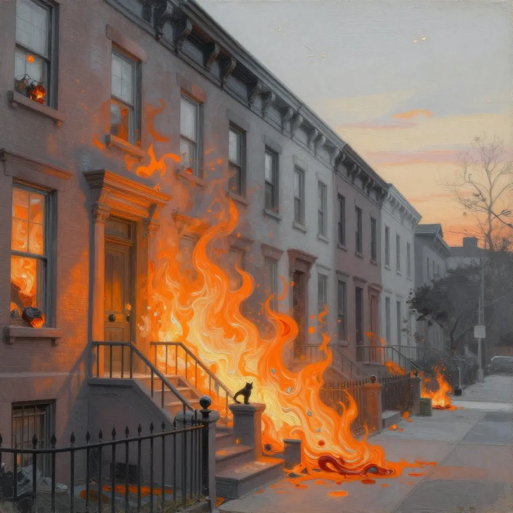 A Brooklyn rowhouse engulfed in orange and grey fire at dawn, a small cat visible at the entrance threshold, urgency and chaos behind her
