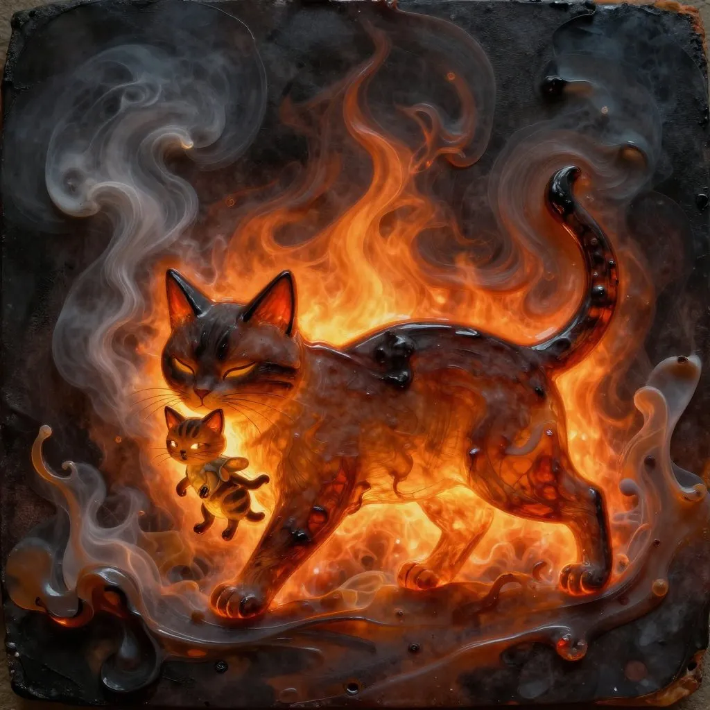 A burned cat carrying a tiny kitten in her mouth through smoke-filled air, her eyes shut, moving by instinct alone, orange firelight behind her, determined and relentless mood