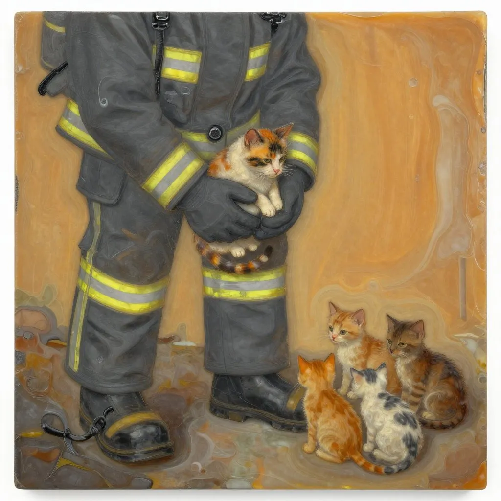 A firefighter cradling a small singed cat carefully in both gloved hands, five kittens in a cluster on the ground beside his boot, quiet aftermath of crisis