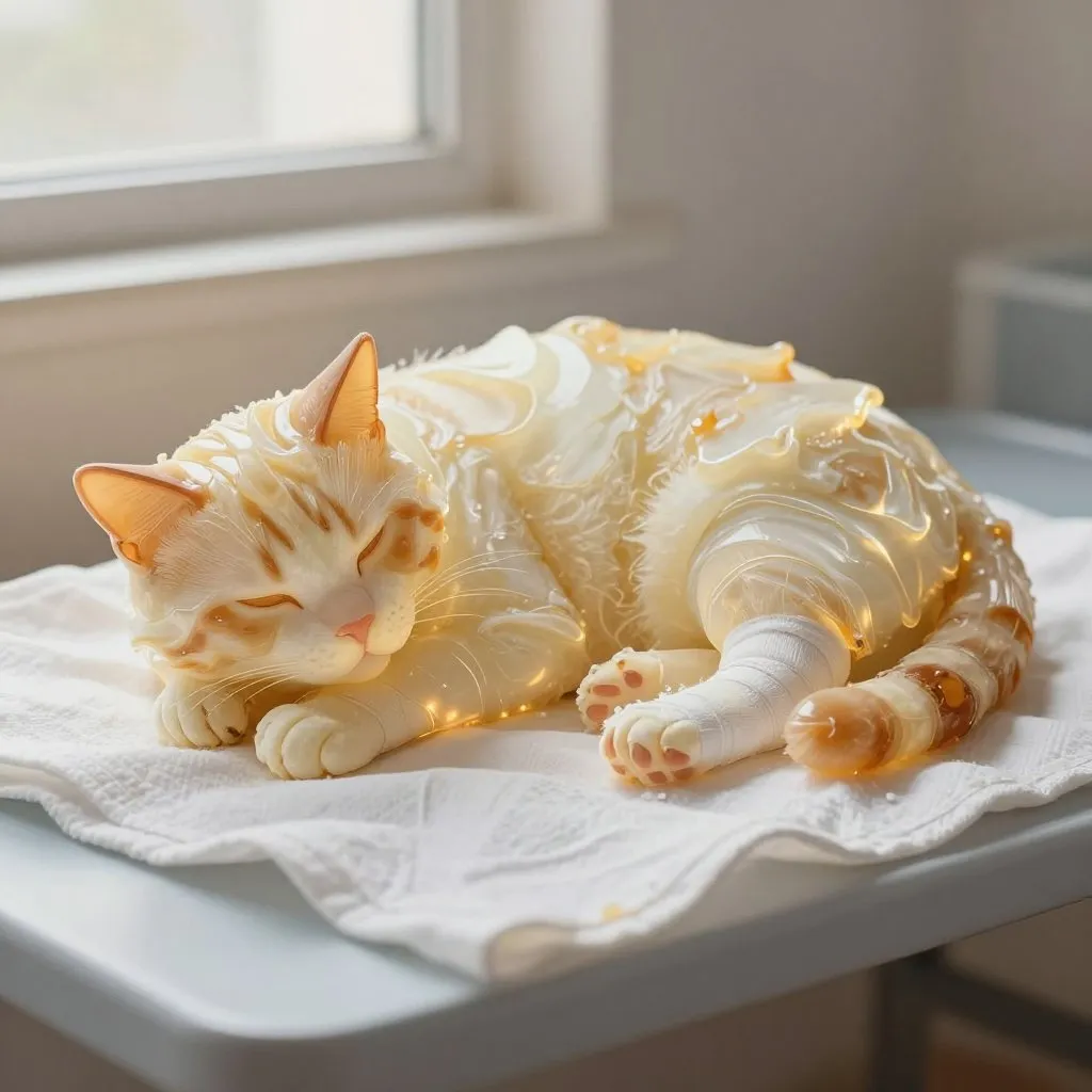 A recovering cat resting on a white veterinary blanket with bandaged paws, warm light from a nearby window, gentle and healing mood