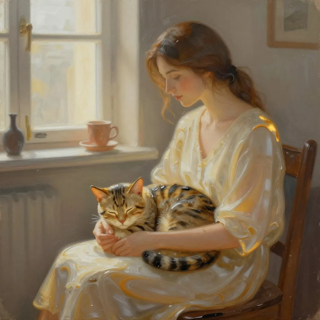 A woman sitting in a calm apartment with a tabby cat asleep across her lap, soft afternoon window light, quiet and settled mood