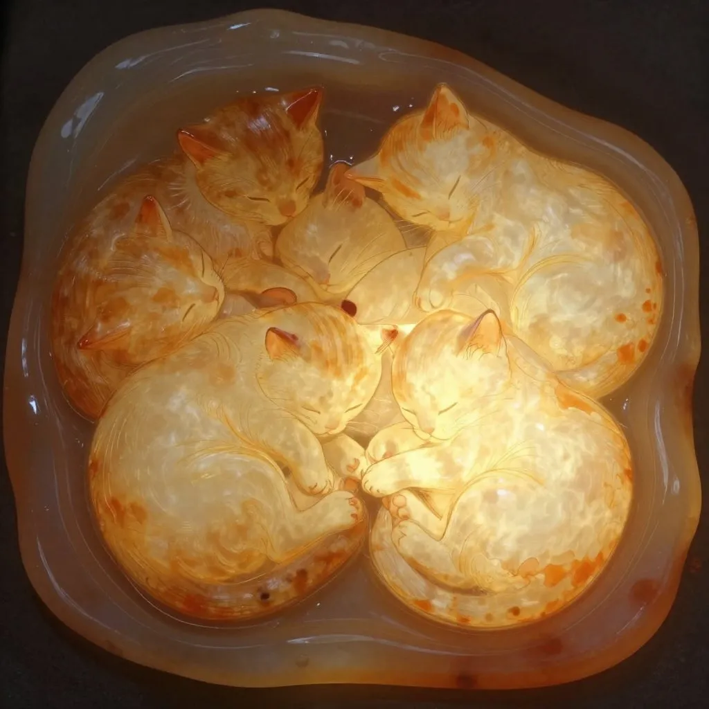 Five small kittens curled together in a tight warm pile, soft glowing light from one side, all safe and sleeping, tender and complete mood