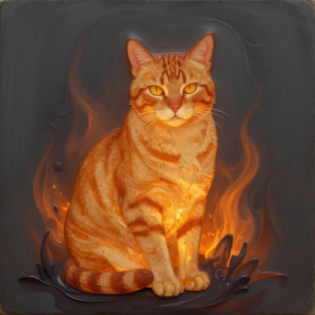 A scarred orange tabby cat sitting upright in amber firelight, calm and resolute expression, dark smoky background with ember glow behind her, fierce maternal stillness