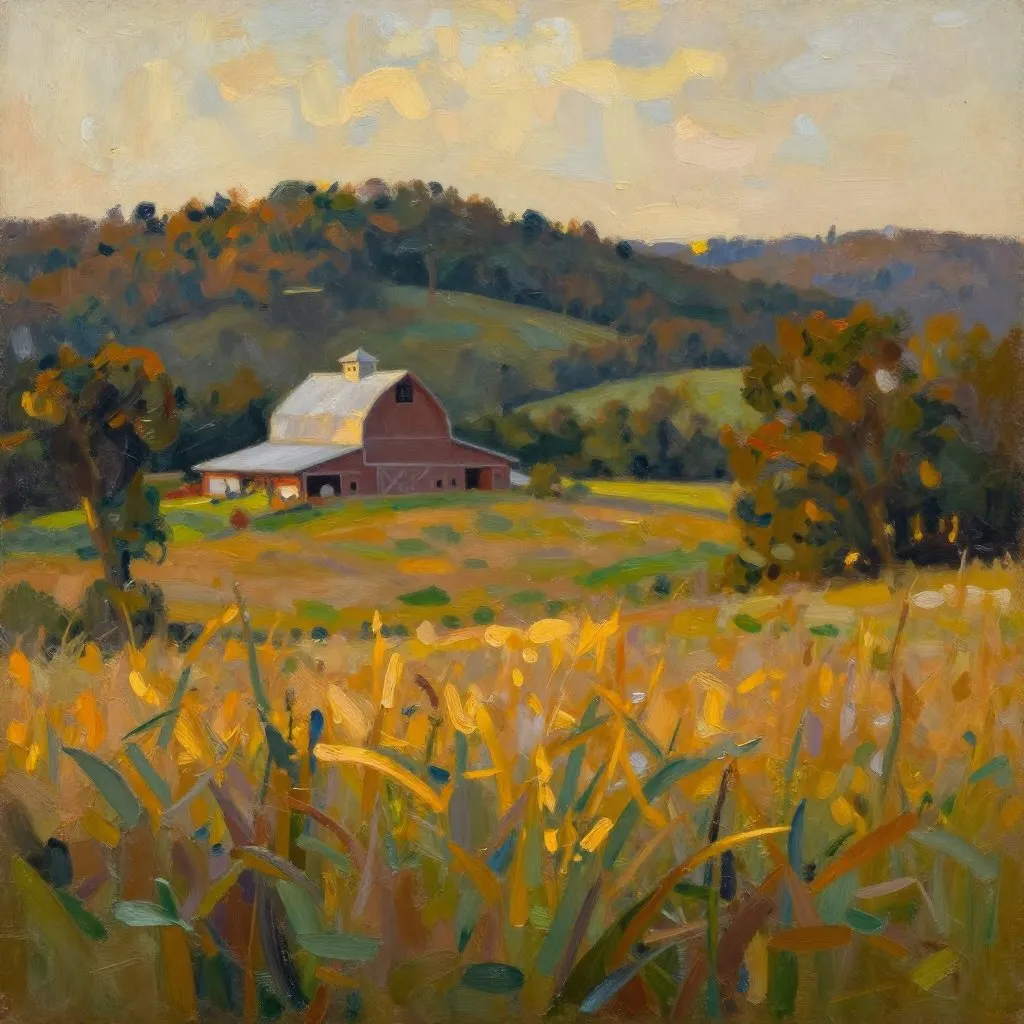 Rolling Tennessee hill country at dusk with a large sanctuary barn and open meadows stretching to a tree line, golden light catching the grass