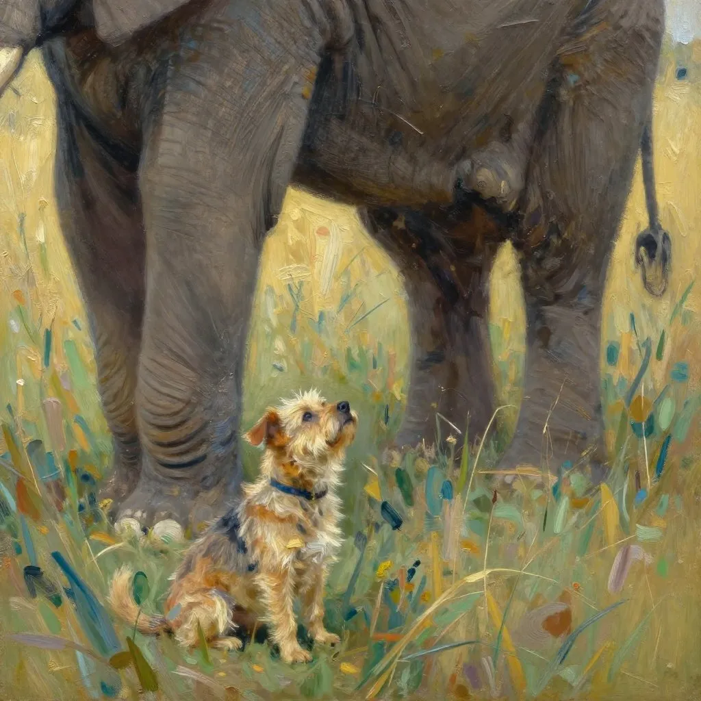 A small scruffy dog sitting in tall grass looking up at the enormous grey legs of an elephant, curiosity and stillness, the scale difference tender not intimidating