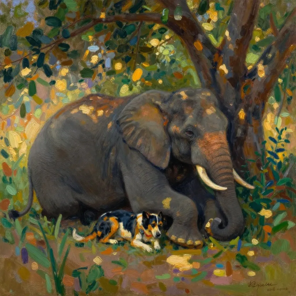 An elephant and a dog resting together in dappled afternoon shade beneath a large tree, the dog curled near the elephant's front foot, contentment and ease