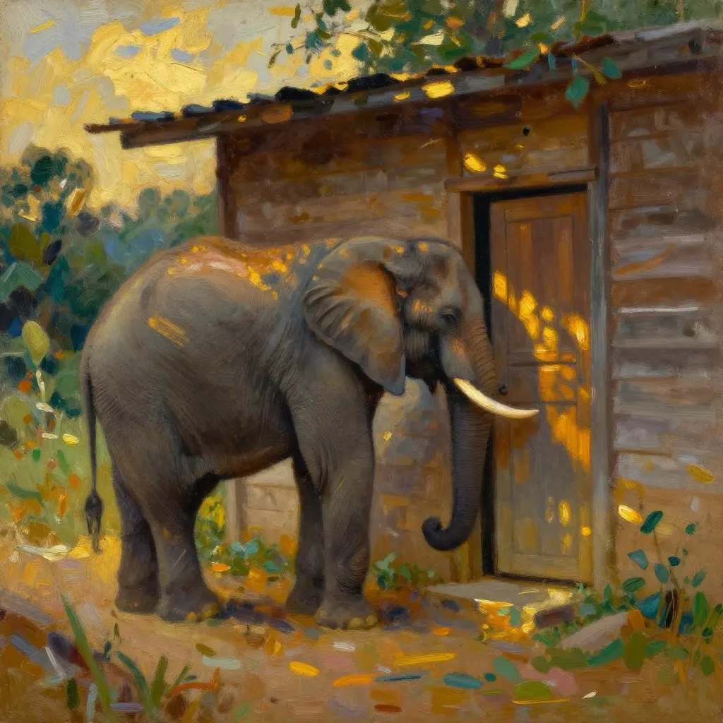 A large elephant standing quietly outside a wooden building at dusk, facing the closed door, the surrounding land still and golden, patient grief