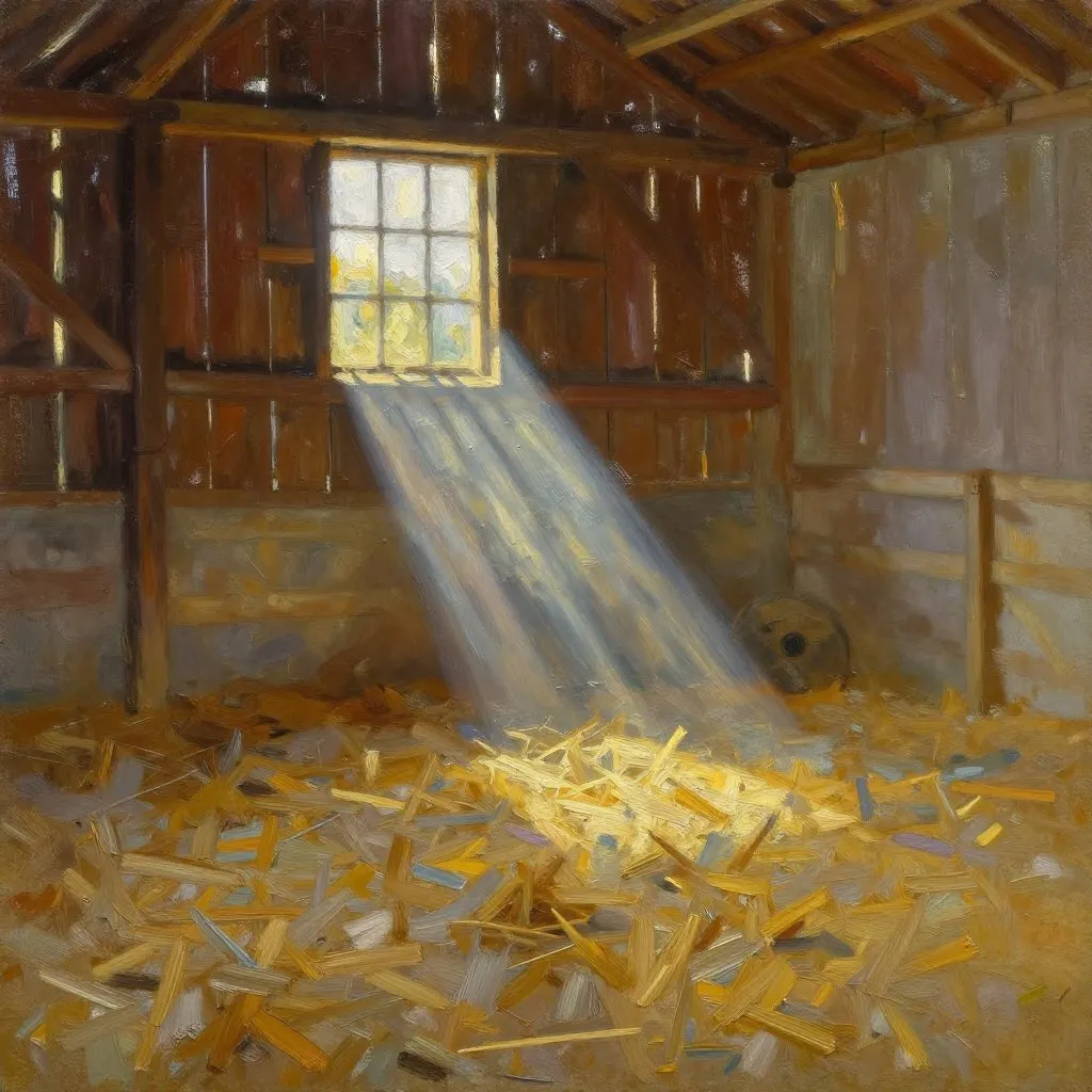 The interior of a large barn at quiet morning light, golden straw, a single shaft of light falling through a high window onto bare ground, stillness and weight