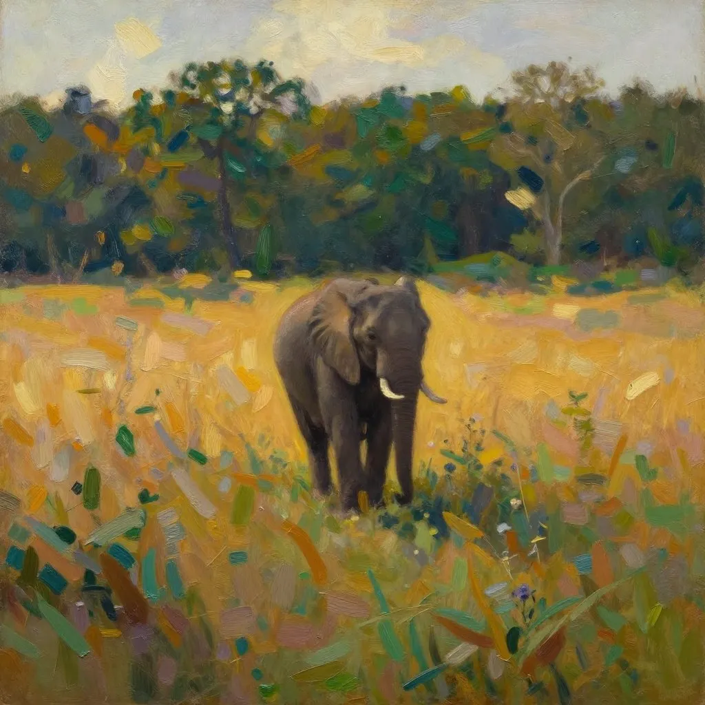 A lone elephant standing at the edge of a wide Tennessee meadow at golden hour, facing the open land, contemplative and vast