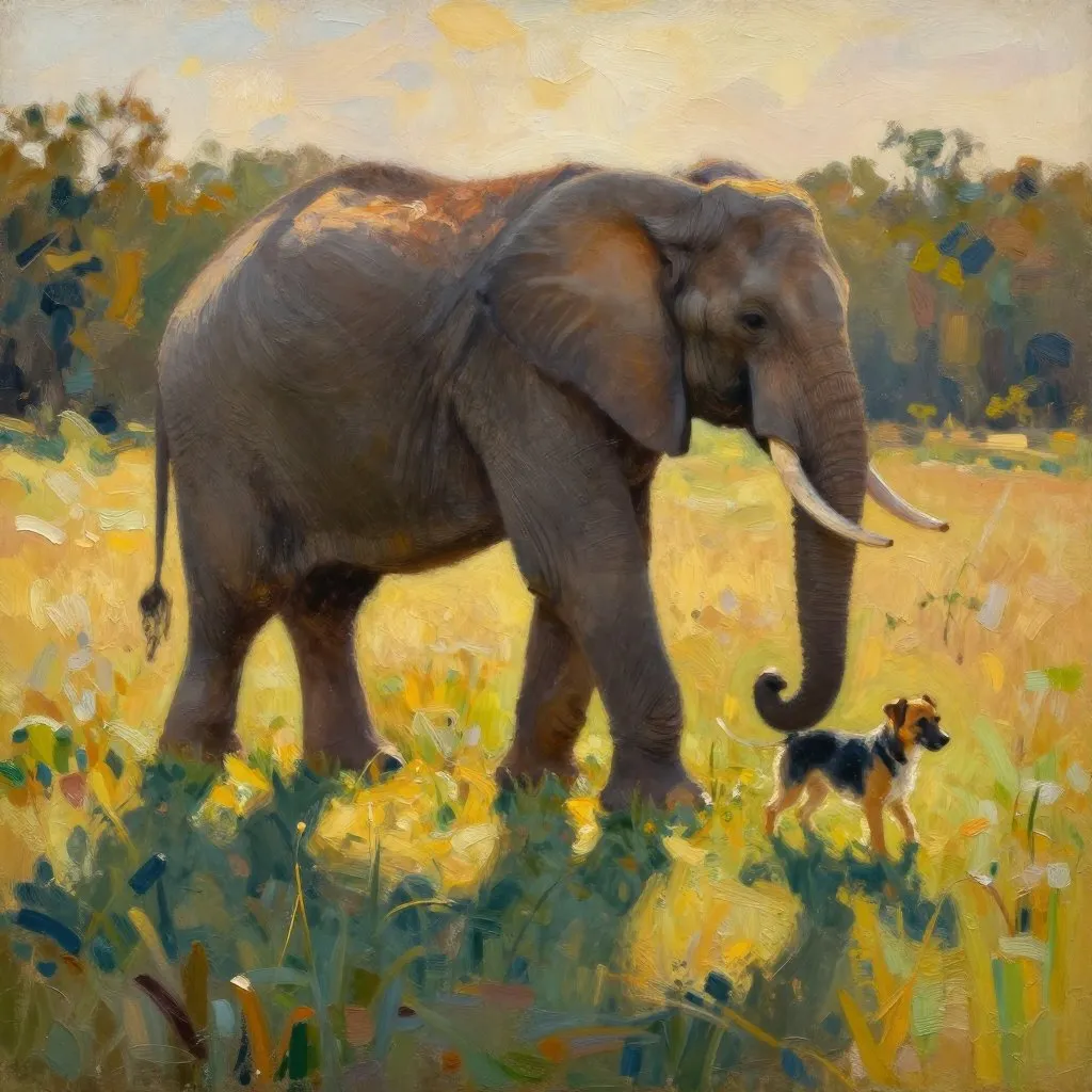 A large grey elephant and a small mixed-breed dog walking side by side through a sunlit Tennessee meadow, long golden afternoon shadows